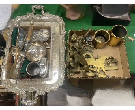 A silver plated on copper two handled tray of rectangular form with grape and vine decoration, a box of various plated ware i