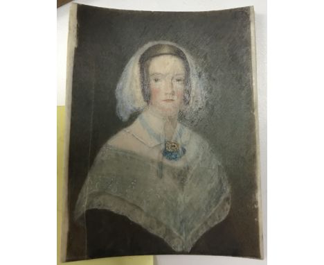19TH CENTURY ENGLISH SCHOOL "Young lady in lace cap and shawl and black dress", a  miniature portrait study, half length, oil