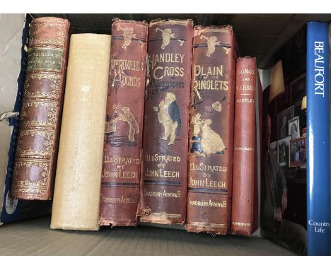 A box of sporting related books to include "Handley Cross or Mr. Jorrock's Hunt", illustrated by John Leech, "Mr Romford's Ho