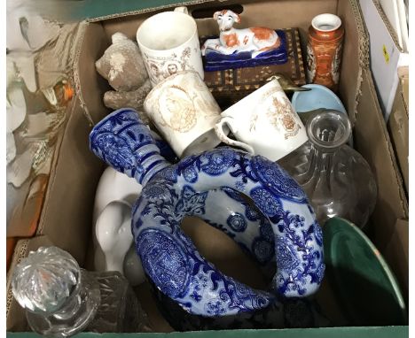 A box of assorted china and glass to include a Mettlach style puzzle type jug, a model of a duck, various Victorian and later