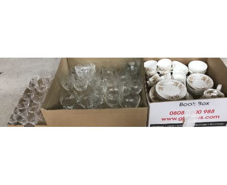 A box containing a Colclough tea set, together with two boxes of assorted glassware including  brandy balloons, liqueur glass