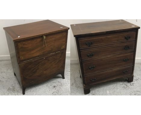 A 19th Century mahogany and inlaid cupboard as a chest of drawers with brass handles raised on bracket feet, 68 cm wide x 42.