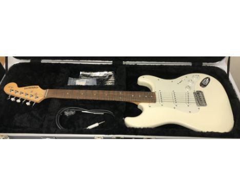 A Fender Starcaster Strat electric guitar serial No. CWS1301034 together with Gear 4 Music hard case and a Fender Frontman 15