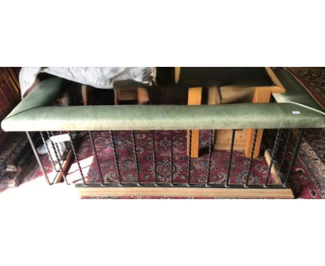 A 20th Century green leather upholstered club fender on barley twist and square section rail supports on an oak base, 190 cm 