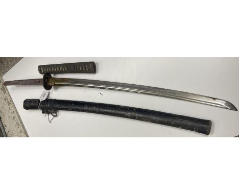 A Japanese katana in leather covered scabbard, the shagreen and silk wound handle with menuki to each side of exotic birds, t