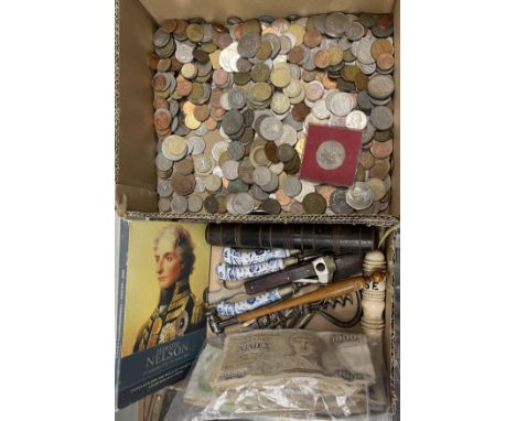 A box of two late Georgian "Onion" pattern porcelain handled three prong steel forks and matching knife, a cigar cutter, two 