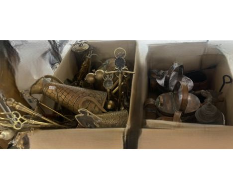A box of various copper ware to include three watering cans and three measures, a German stein and a box of various brass war