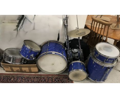 A vintage Edgware B&H drum kit with pearlised blue casing, various cymbals, pedals, etc., a Renow and Premier snare drum, tog