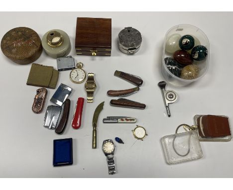 A box of various objets de vertus including a copy of a Stanley Natural Sine compass, Ikophot litemeter, Rone pocket watch, R