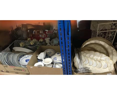 Five boxes of assorted china and glass wares, etc. to include Chinese part dinner service with Carp decoration, a graduated s