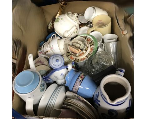 A box of assorted sundry decorative china and glassware to include a J G Meakin studio coffee pot, together with a set of vin