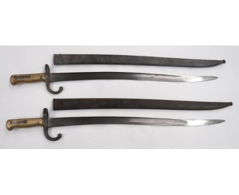 Two French M1866 Chassepot Bayonets 22 1/2 inch, single edged, yataghan blade. &nbsp;Wide fullers. &nbsp;Back edge with maker