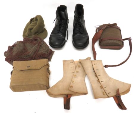 Selection Of WW2 And Later Items Of Equipment consisting camouflaged netting scarf (damaged) ... Pair of 1954 dated, "Ammo" s