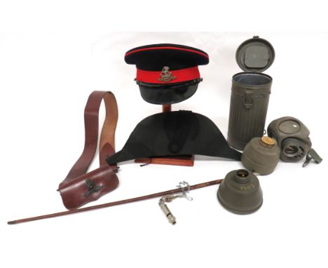Two Various Hats And Various Equipment including black silk, folding, cocked hat with cord decoration. &nbsp;Silk lining ... 