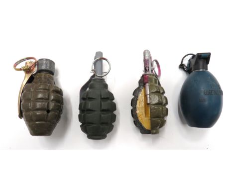 Four Various Inert Post War Grenades including L159A1, blue painted practice grenade ... Russian F1 fragmentation grenade ...