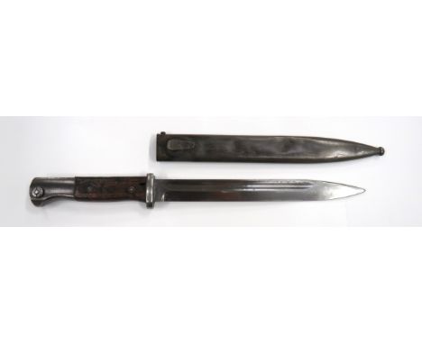 German WW2 K98 Mauser Bayonet 9 3/4 inch, single edged blade with fuller. &nbsp;No maker details. &nbsp;Steel crossguard and 