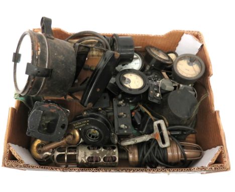 Selection Of Various Aviation Items And Instruments including handheld signal lamp ... 3 x canvas, "A.M." marked spares bags 