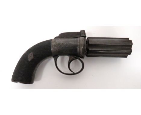 Mid 19th Century Percussion Pepperbox Revolver 120 bore, 2 3/4 inch, six shot, fluted cylinder barrel. &nbsp;Rear percussion 