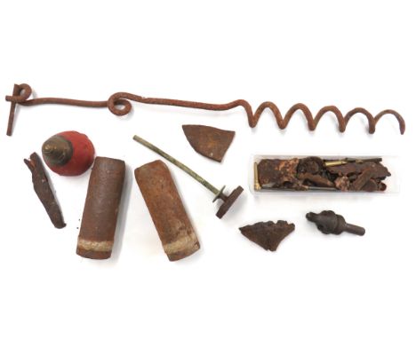 Selection Of Excavated Shells And Parts including two steel, 18 pr. shell heads ... Brass fuse with part of exploded head ...