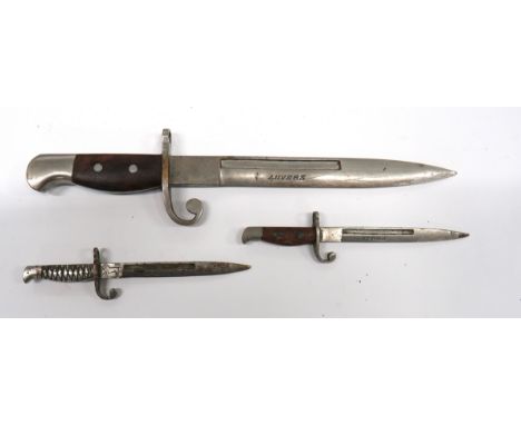 Three WW1 Period Miniature Bayonet Knives consisting continental example. &nbsp;6 inch, fullered blade engraved "Anvers". &nb