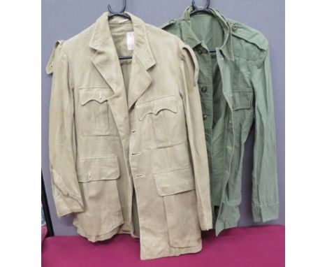 WW2 Officer's Khaki Drill Jacket And Green Bush Jacket khaki drill, single breasted, open collar tunic. &nbsp;Pleated chest a