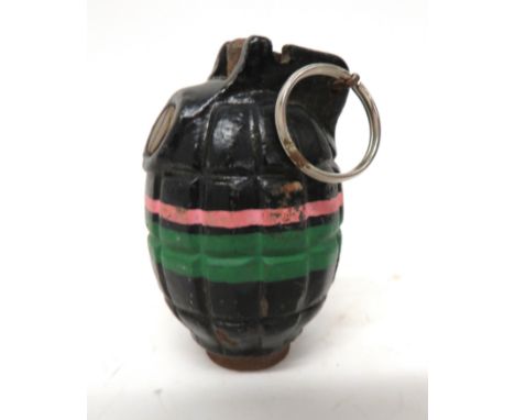 WW2 Inert No 36 MKII Mills Grenade black painted, fragmentation body. &nbsp;Repainted coloured bands. &nbsp;Steel lever. &nbs