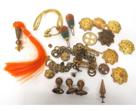 Selection Of American Dress Helmet Items including orange horsehair plume and plume holder ... Gilt cap cords ... 6 x brass, 