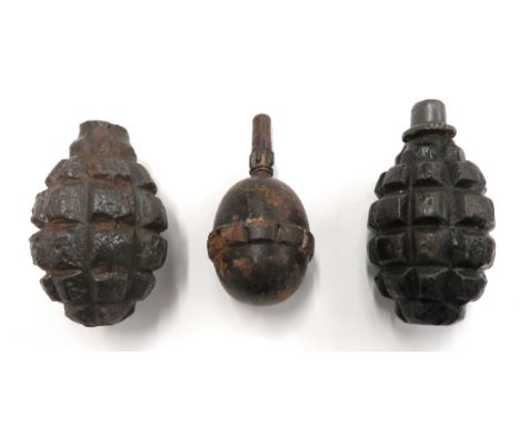 Three Various WW1 Inert Grenades consisting German egg grenade. &nbsp;Ball body with central fragmentation ring. &nbsp;Remova