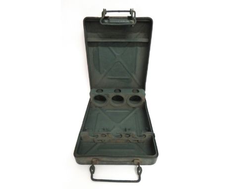 German Stick Grenade Transport Tin green painted, pressed steel, rectangular case. &nbsp;End with steel and wooden carrying h
