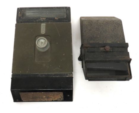Two Tank Pattern Periscopes consisting green painted example with lower blackened steel lens cover. &nbsp;Maker marked "J.P. 