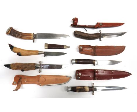 Six Various Hunting Knives consisting 6 inch, double edged blade. &nbsp;Brass crossguard, alloy pommel. &nbsp;Antler grip. &n
