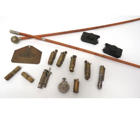 Two Military Swagger Sticks And Various Items consisting white metal, thimble top, The Welsh Regiment, malacca cane example .