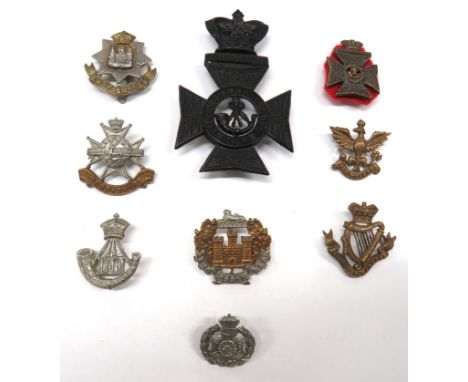 9 x Various Badges Including Victorian&nbsp; consisting blackened Vic crown Kings Royal Rifle Corps helmet plate ... Darkened