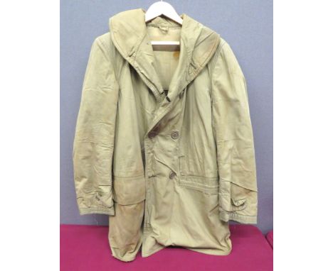 WW2 Pattern American Jeep Jacket khaki cotton, double breasted, 3/4 length jacket. &nbsp;Large, fold over collar. &nbsp;Lower
