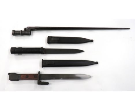 Three Various European Bayonets consisting Belgian FN FAL bayonet. &nbsp;8 inch, double edged blade. &nbsp;Steel muzzle ring 