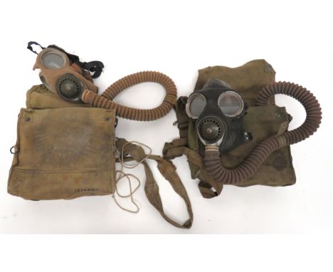 Two WW2 Special Troops Long Hose Respirators consisting fabric covered face mask. &nbsp;External, long extension, corrugated 