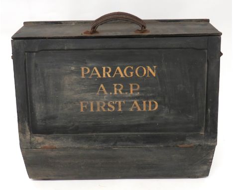 WW2 ARP Home Front Paragon First Aid Chest 16 x 20 inch, black painted, wooden chest. &nbsp;The angled, hinge down front sten