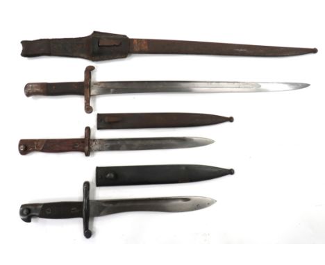 Three Various Continental Bayonets consisting Portugal M1886 Kropatschek. &nbsp;18 1/4 inch, single edged blade with wide ful