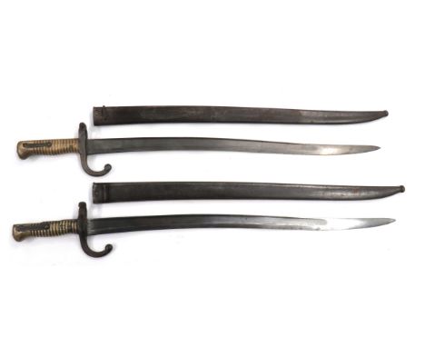 Two French M1866 Chassepot Bayonets 22 1/2 inch, single edged, yataghan blades. &nbsp;Wide fullers. &nbsp;Back edge with make