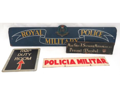 4 x Various Military Police Signs consisting hand painted table sign for "Maj. Gen. J Seymour Mellor OBE. MC. Provost Marshal