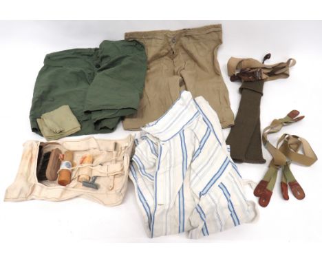Selection Of WW2 Personal Items including white personal roll containing toothbrush, razor, soap stick, shaving brush, 2 shoe
