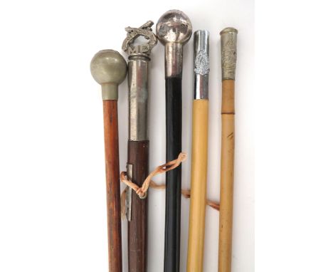 Five Various Swagger Sticks Including Military Police consisting thimble top, KC GRVI Royal Military Police on bamboo cane ..
