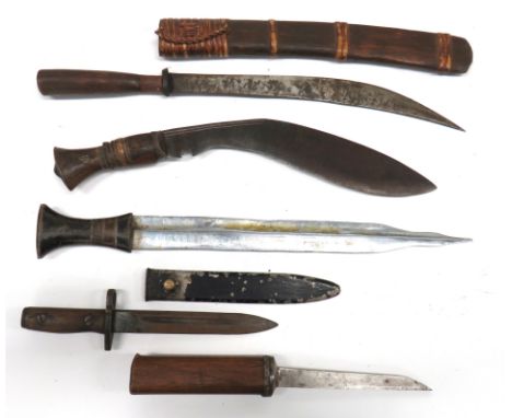 Five Various Knives consisting a 1907 SMLE bayonet shortened into a double edged, 6 1/2 inch blade. &nbsp;Steel muzzle ring a