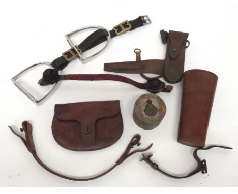 Small Selection Of Leather Horse Equipment consisting conical, leather, pistol style holder ... Rounded base, leather pouch .