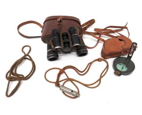 WW1 Period "Halden" Compass, Binoculars and Whistle consisting blackened brass, enclosed top compass with lift up viewing sig