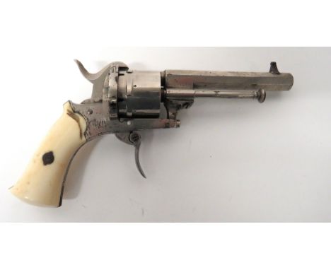 Late 19th Century Pinfire Continental Revolver 7 mm, 3 1/4 inch, octagonal plated barrel. &nbsp;Front stud sight. &nbsp;Side 