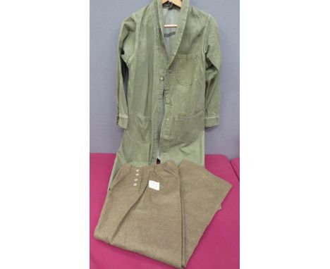WW2 ATS Slacks And Denim Working Coat consisting khaki woollen, wide leg slacks. &nbsp;Elasticated waist and side button fast