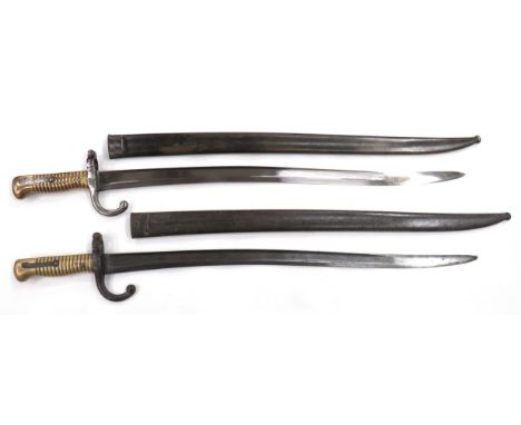 Two French M1866 Chassepot Bayonets 22 1/2 inch, single edged, yataghan blades with wide fullers. &nbsp;Back edges with maker