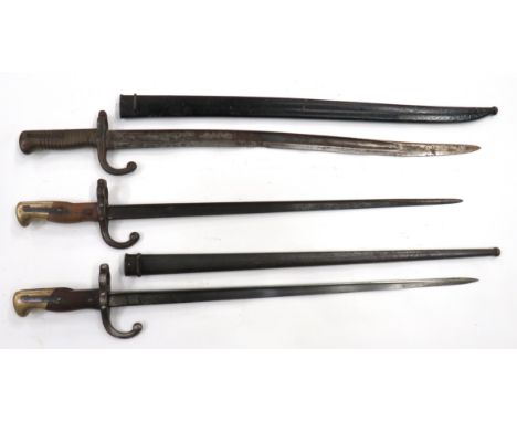 Three French Bayonets consisting M1866 Chassepot. &nbsp;22 1/2 inch, single edged yataghan blade. &nbsp;Wide fuller. &nbsp;Ba