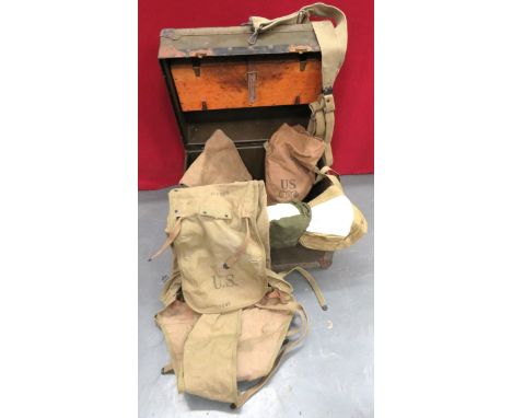 Selection Of American WW2 Period Equipment consisting Officer's canvas map case ... Green canvas back pack ... Non combatant 